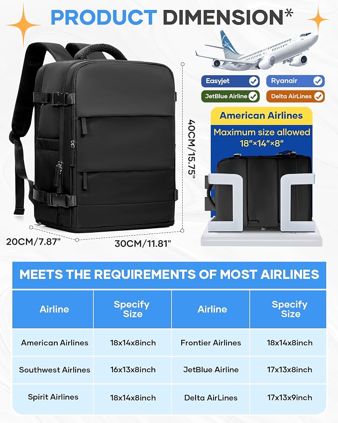 coofay Black Travel Backpack Carry on Flight Approved Mochila De Viaje Personal - Image 3