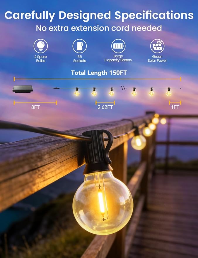 Brightever 150FT Solar String Lights Outdoor Waterproof, G40 Solar Lights - Image 2