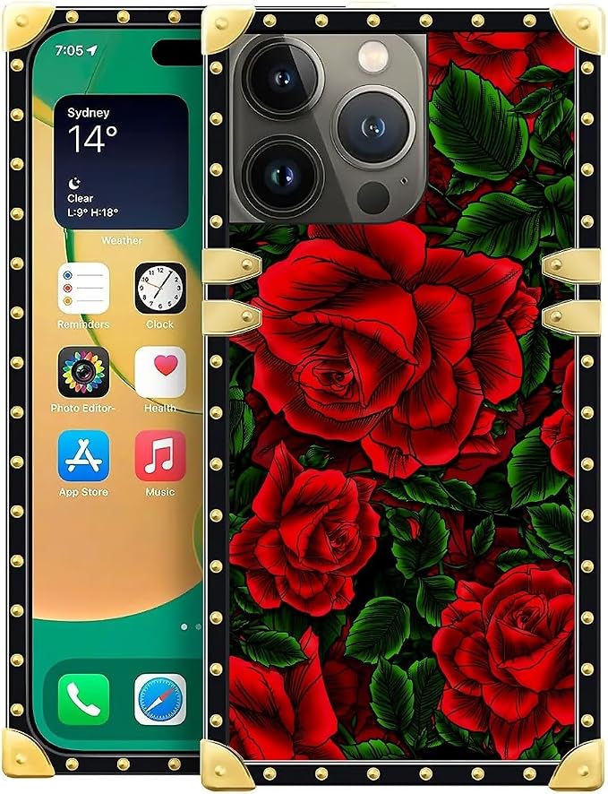 Compatible with iPhone 14 Pro Case, Vector Red Rose Green Leaf Luxury Golden by Unknown