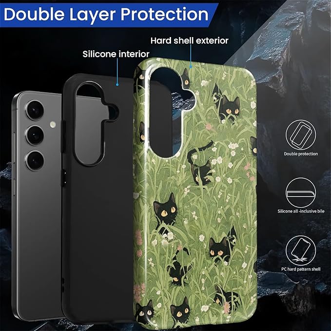 for Samsung Galaxy S24 Case, HL2 Grass Cat Hybrid 2 Layer Hard Shell Silicone - Image 2