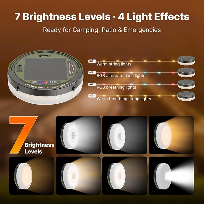 OGERY Solar Camping String Lights, 5400mAh/ 49.2FT/ 11 Modes Rechargeable - Image 3