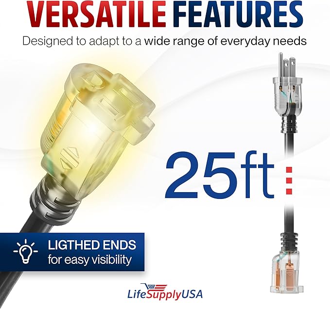 25ft Outdoor/Indoor Extension Cord 16/3 Gauge Heavy Duty 3 Prong SJTW, - Image 6
