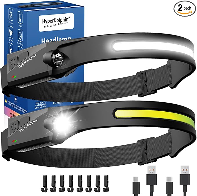 Headlamp Rechargeable LED 230° Wide Beam, USB-C Lightweight Head Lamp, Long by HyperDolphin