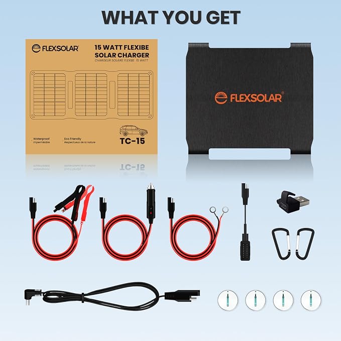 FlexSolar 15W Foldable Solar Panel Trickle Charger Maintainer Kits - 12V DC & - Image 7