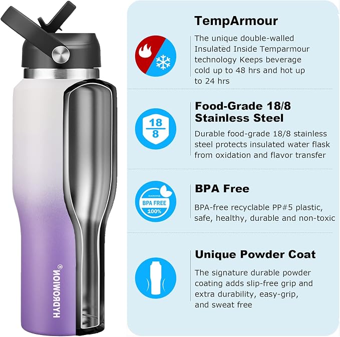 HYDROWION Stainless Steel Water Bottle, 32oz Tumbler Water Flask W/Straw Lid - Image 2