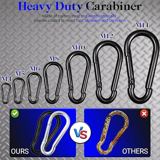 12 Pack 5.5" Heavy Duty Carabiner Clips, M14 Black Galvanized Steel Spring Snap - Image 4