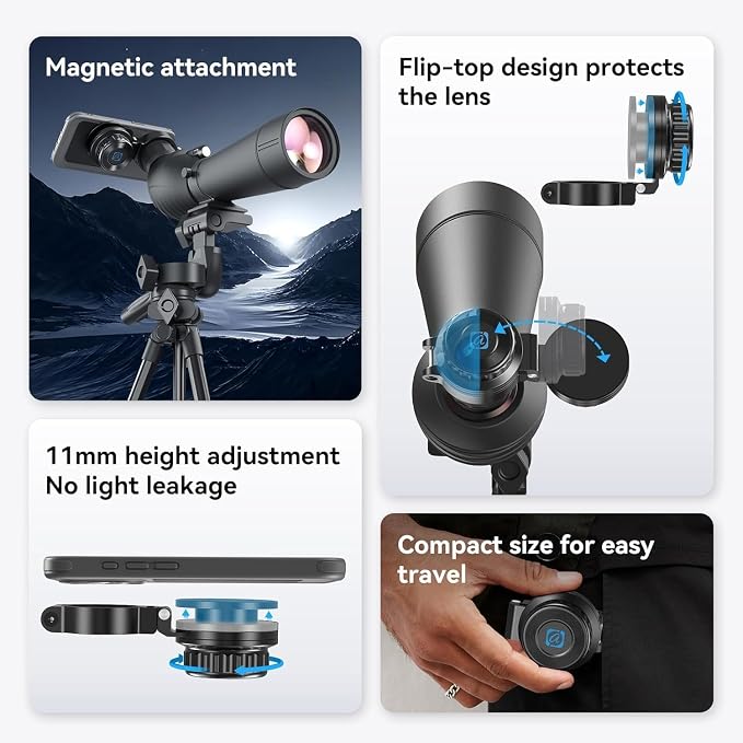 APEXEL Magnetic Telescope Phone Adapter, 45-55mm Aluminum Foldable Photo - Image 4
