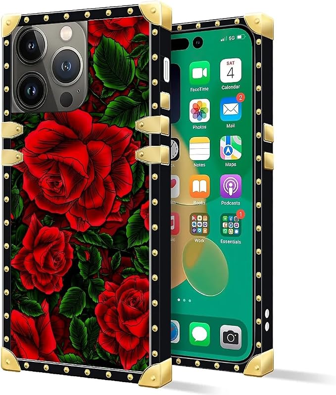 Compatible with iPhone 14 Pro Case, Vector Red Rose Green Leaf Luxury Golden - Image 2