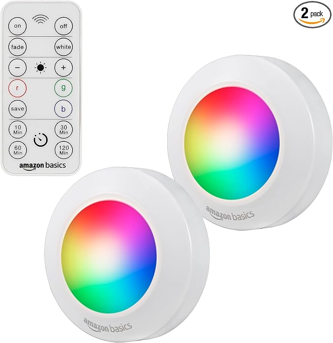 Amazon Basics LED Puck Lights, Color Changing, Battery Operated, IR Remote by AmazonBasics