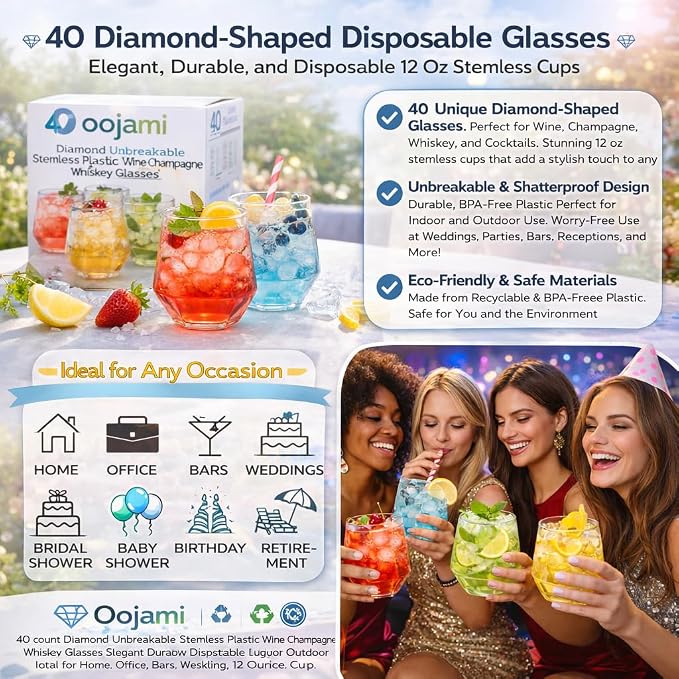 Oojami 40 count Diamond 12 Ounce Cups Unbreakable Stemless Plastic Wine - Image 2