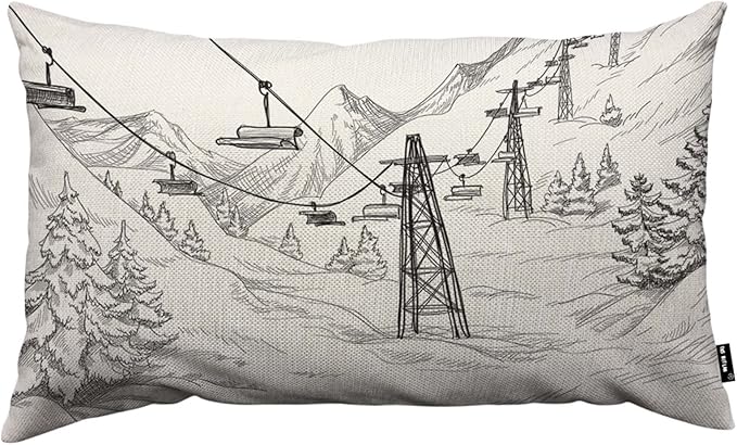 TKS MITLAN Mountain Ski Lift Pillow Cover 12x20 inch Sketch White Wintertime by TKS+MITLAN