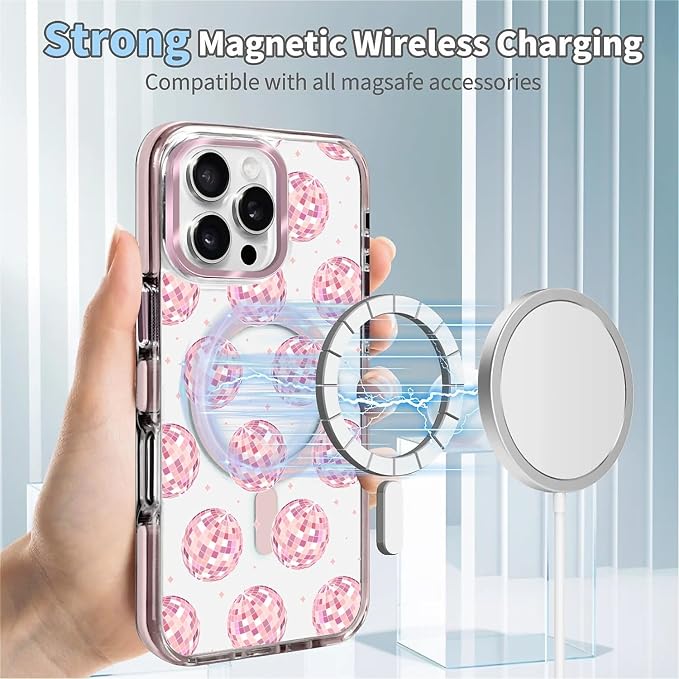 Case for iPhone 16 Pro Max, Disco Balls Pink Phone Case Design，for Women Girls - Image 4