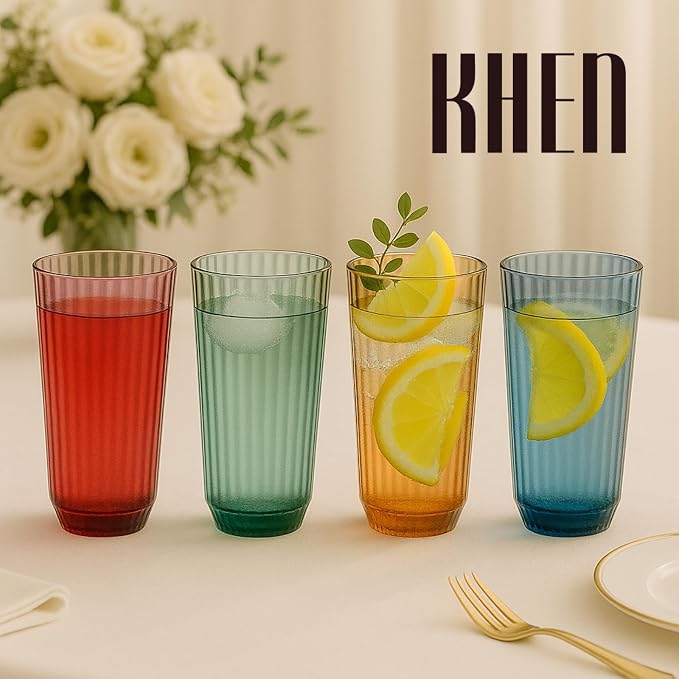 Khen Plastic Acrylic Ribbed Drinking Glasses – Set of 4 Multicolor 11.8oz - Image 8
