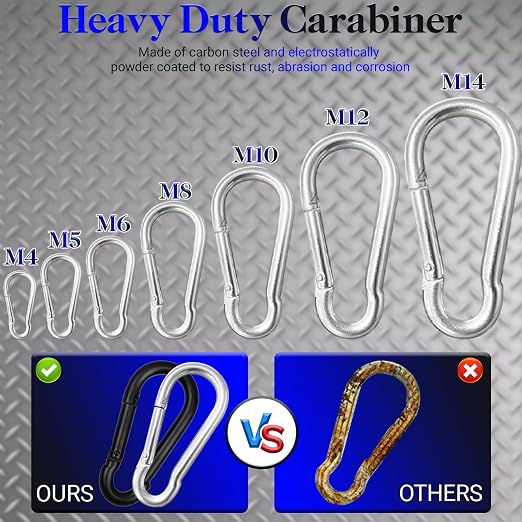 12 Pack 3" Heavy Duty Carabiner Clips, M8 Sliver Galvanized Steel Spring Snap - Image 4