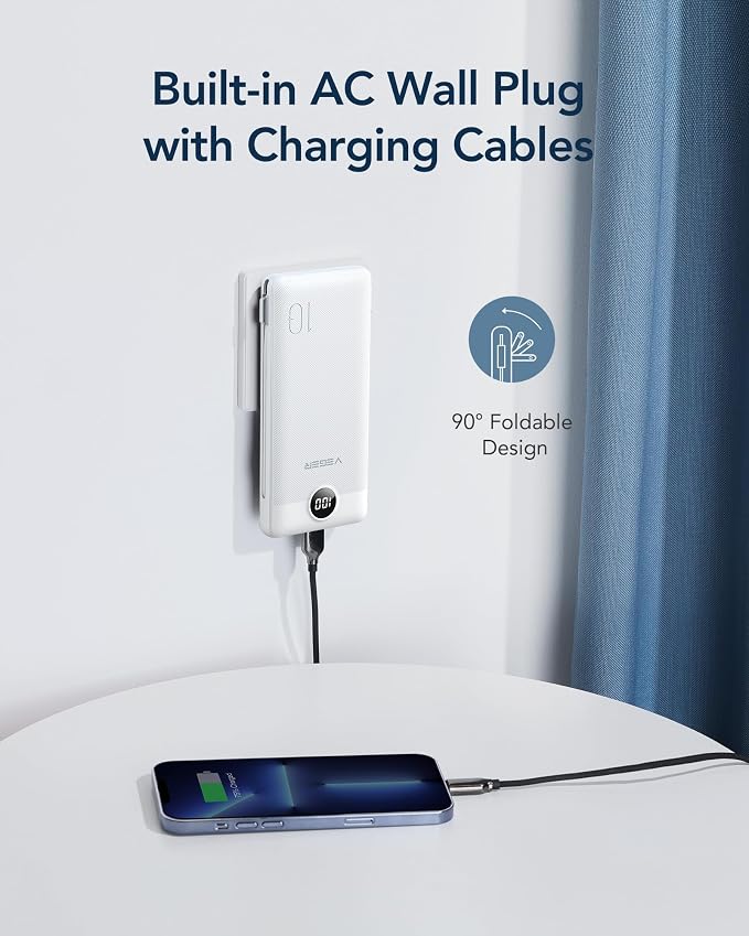 VEGER Portable Charger with Built-in AC Plug and Cables, All in One 10000mAh - Image 3