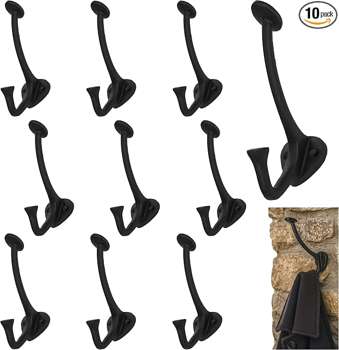 Mystic Colonial Medieval Cast Iron Wall Hooks Pack of 10 Heavy Duty Dual Hooks by SaKeGa