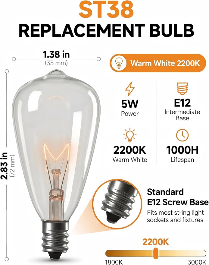 ST38 Edison Replacement Light Bulbs, 7W Clear Glass String Lights - Image 2