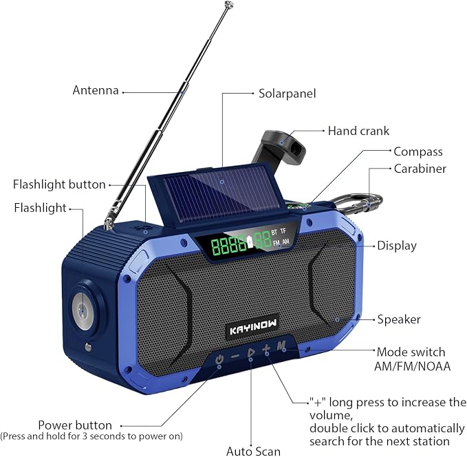 KAYINOW Emergency NOAA Weather Radio, Solar Hand Crank FM AM Radio - Image 9