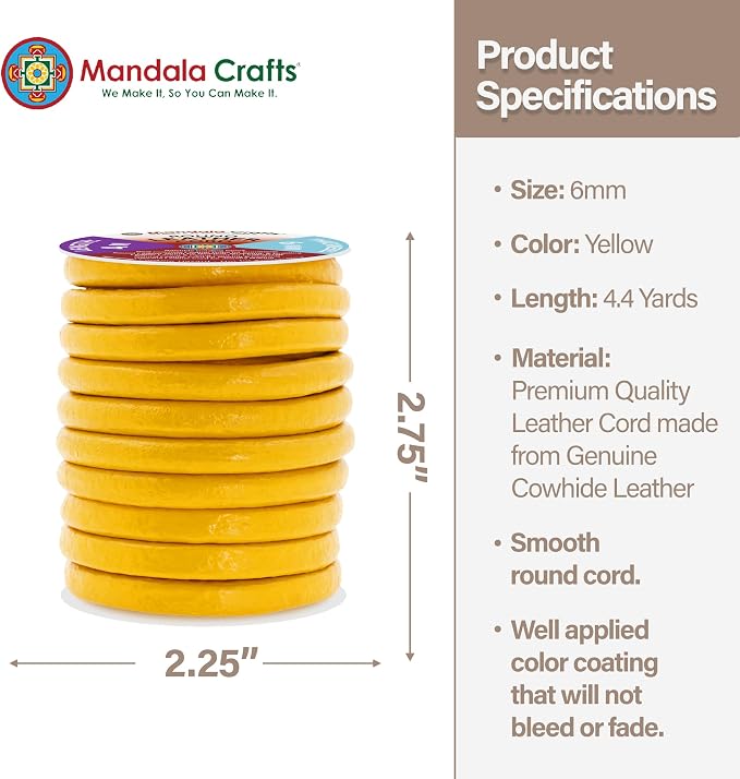 Mandala Crafts Round Genuine Mustard Yellow Leather Cord - Image 4