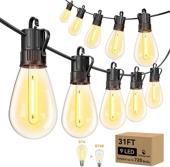 Minetom 31FT Outdoor String LED Patio Lights Waterproof, 9 Shatterproof S14 by Minetom