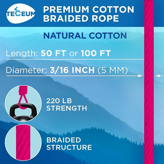 TECEUM Cotton Rope 3/16” – 50 FT – Strong All-Purpose Braided Rope – Natural - Image 2