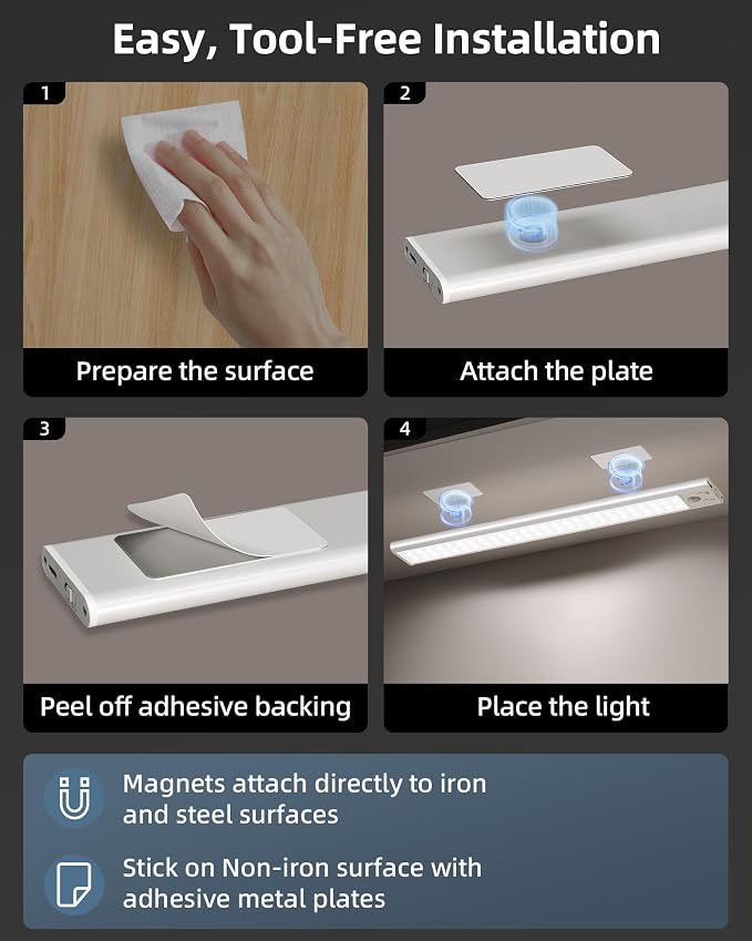 17" Under Cabinet Lights, Motion Sensor Light, Wireless Closet Lights, 4000mAh - Image 5