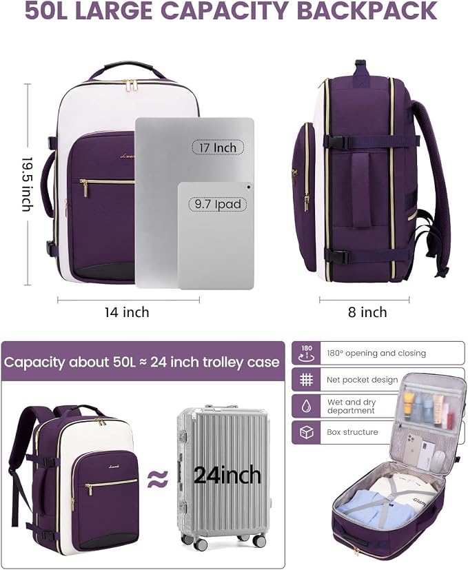 LOVEVOOK 50L Travel Backpack for Women & Men, Airline Approved Carry On Luggage - Image 3