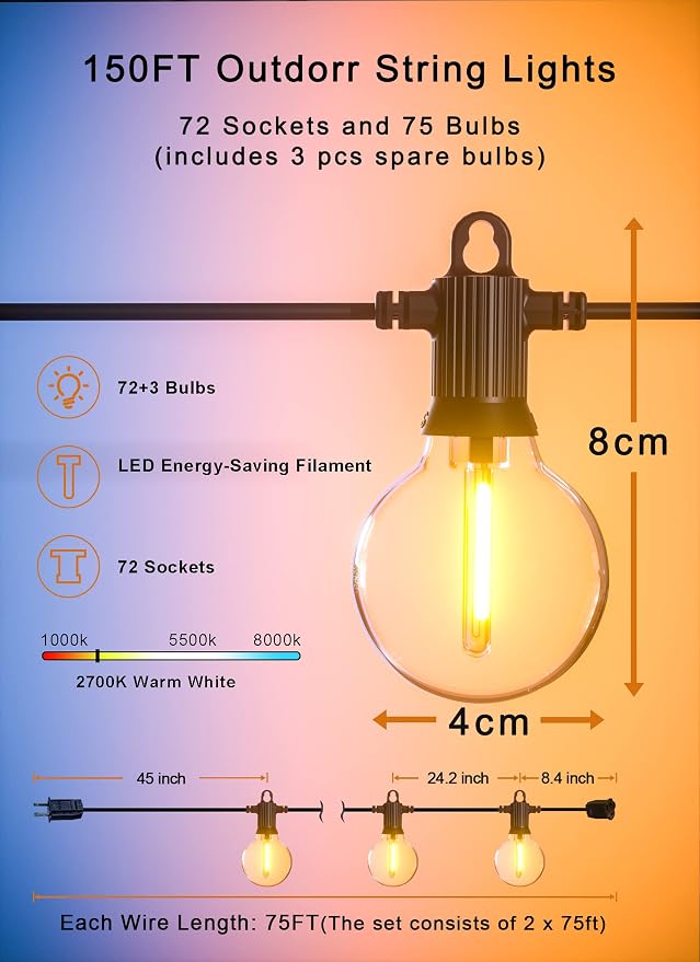 Zuske Outdoor String Lights, 150FT Patio Lights - Image 5