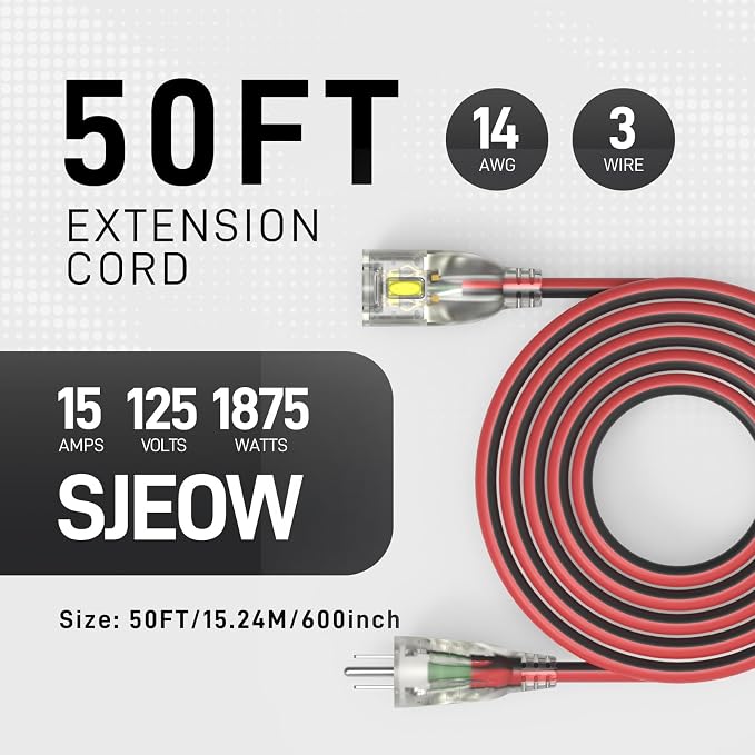 50FT Medium Duty Outdoor Extension Cords, 14/3 Gauge Electrical Wire Cable - Image 2