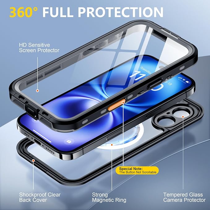 Red2Fire for iPhone 16 Case Waterproof, Phone Case 6.1" Black/Clear - Image 4