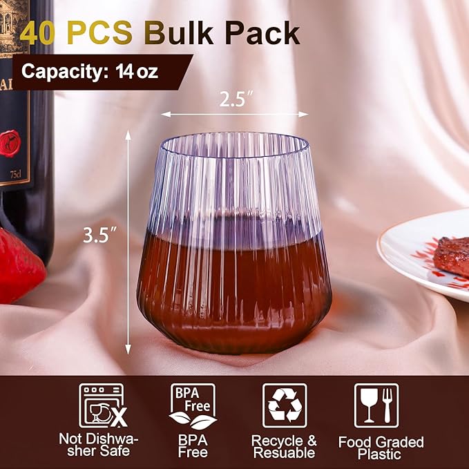 Lueumxc 40 Pack Plastic Ribbed Wine Glasses, 14Oz Origami Disposable Wine - Image 2
