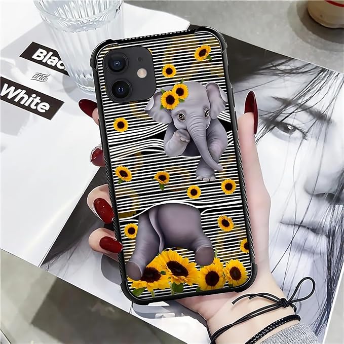 for iPhone 12 Mini Case, Cute Little Elephant Sunflower White Line Art Pattern - Image 7