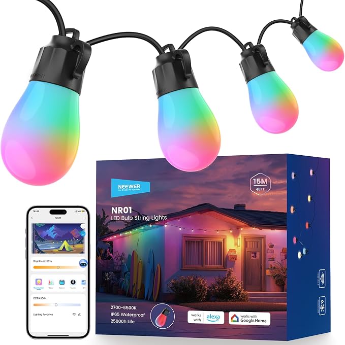 NEEWER 48ft Outdoor String Lights, App Control Smart AI RGBW Hanging Outside by Neewer