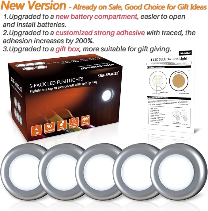 STAR-SPANGLED 5 Pack 2.8” Push Tap Lights, Stick on Touch Puck Lights AAA - Image 7