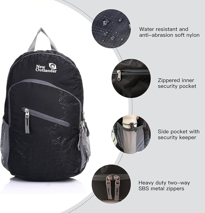 Outlander Packable Handy Lightweight Travel Hiking Backpack Daypack-Black-L - Image 3