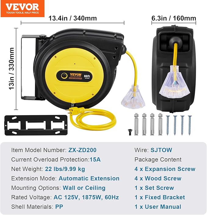VEVOR 80FT Retractable Extension Cord Reel, 12AWG/3C SJTOW Heavy Duty Power - Image 7