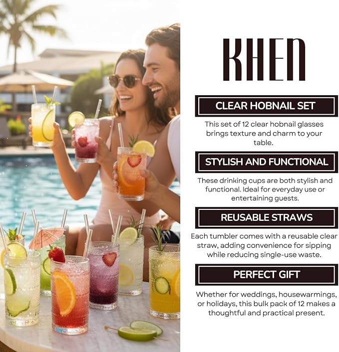 12-Piece Hobnail Drinking Glasses Set, 12 oz Large Vintage Highball Glassware - Image 5