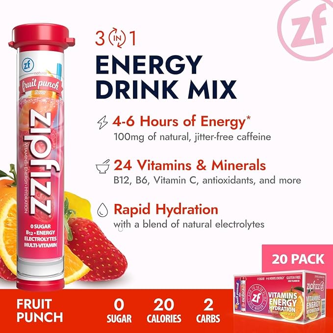 Zipfizz Daily Energy Drink Powder, Fruit Punch, 20 Pack 3-in-1 Sustained Energy - Image 4