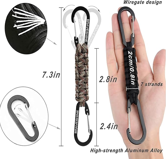 BRAVESHINE Paracord Keychain Carabiner Clip, D Ring Lanyard Hanger Stroller Hook - Image 2