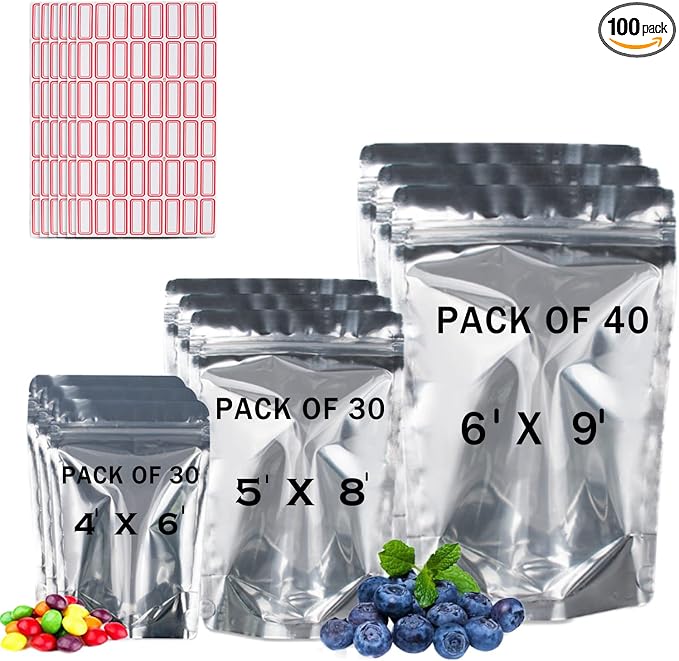 BELLE KR® Mylar Bags for Food Storage- Pack Of 100 Resealable Mylar Ziplock Bag by BELLEKR