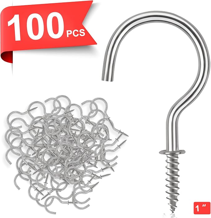 Cup Screw Hooks, 1 inch Metal Screw in Ceiling Hooks 100 Pack Plant Hanger Wind - Image 2