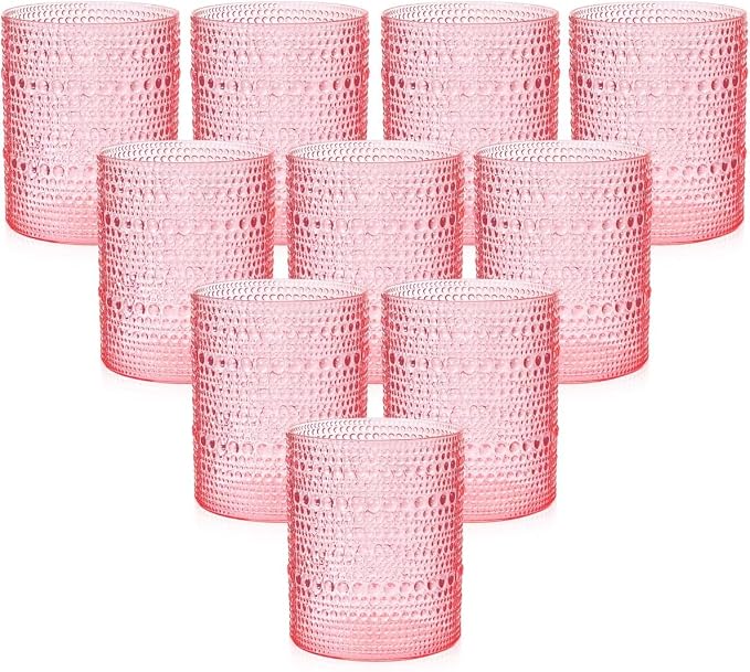 YOUBET 24PCS Plastic Drinking Glasses - 14OZ Pink Hobnail Drinkware Glasses - by YOUBET