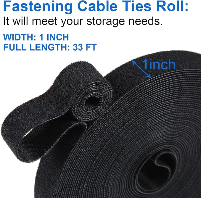 OneLeaf Hook and Loop Roll Reusable Fastening Cable Ties, 33ft x 1inch Black - Image 3
