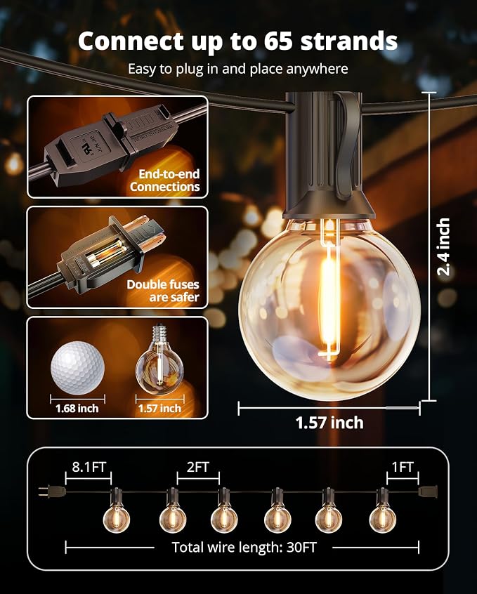 VIPAR Outdoor String Lights, 30FT 13 G40 Bulbs Patio Lights Outdoor Waterproof - Image 8