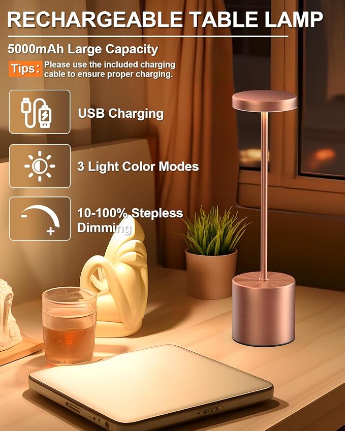 Swinerton Cordless Table Lamps Rechargeable, Portable LED Desk Lamp, 5000mAh - Image 2