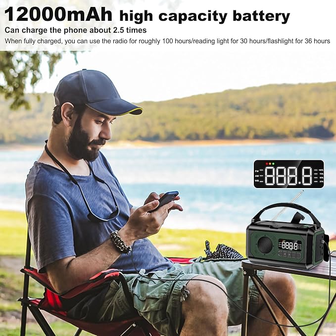 44400mWh/12000mAh Emergency Radio, Hand Crank Portable Solar Radio AM/FM/NOAA - Image 5