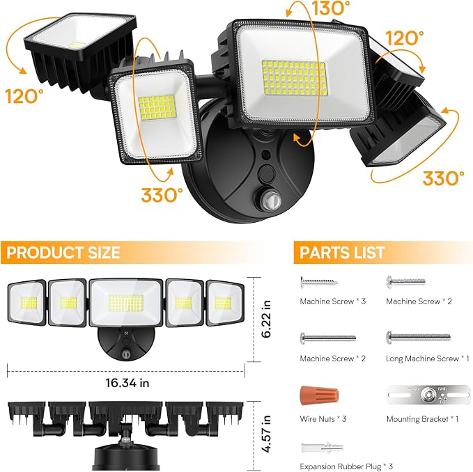 Onforu 120W 12000LM Dusk to Dawn Outdoor Lighting, 5 Heads Flood Lights Outdoor - Image 5