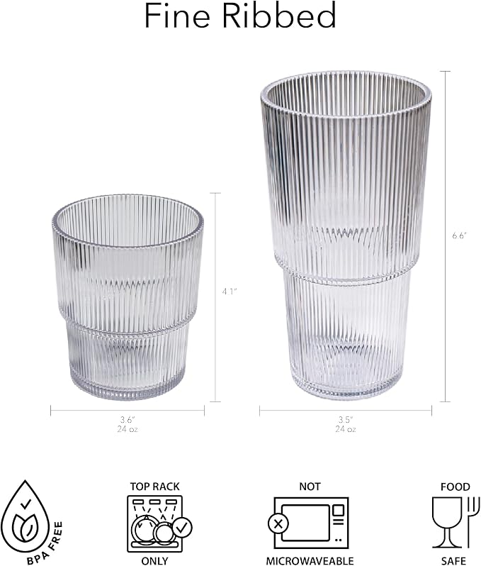 Fine Ribbed 22 oz Durable Acrylic Jumbo Drinking Glasses, Shatter-Resistant and - Image 3
