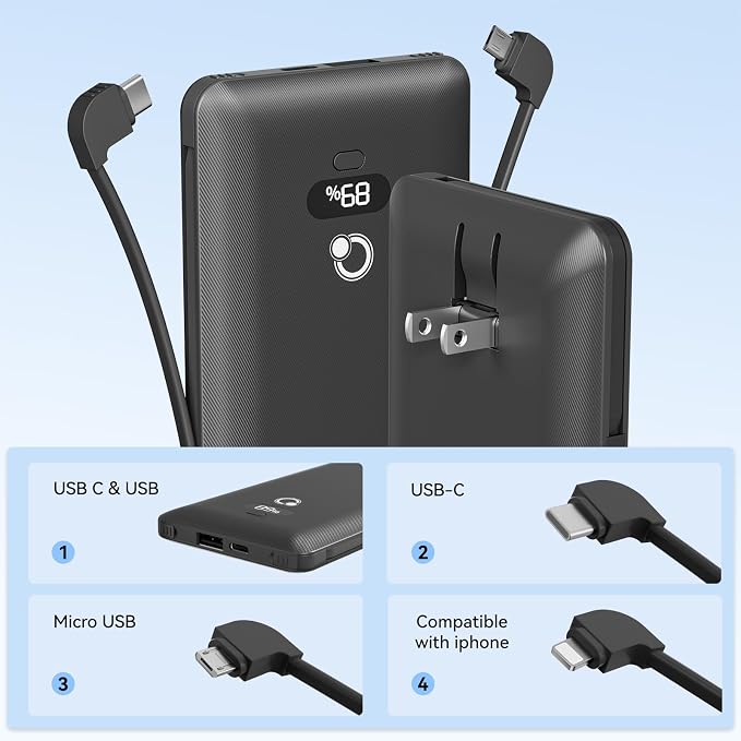 10000mAh Portable Charger with Built-in Cables and AC Wall Plug, USB C Fast - Image 4