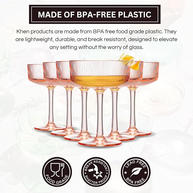 Khen Shatterproof Acrylic Ribbed Vintage Art Deco Martini, Champagne & Cocktail - Image 3